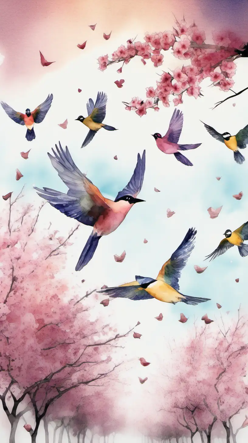 generate an image of a watercolor birds flying with blossom trees