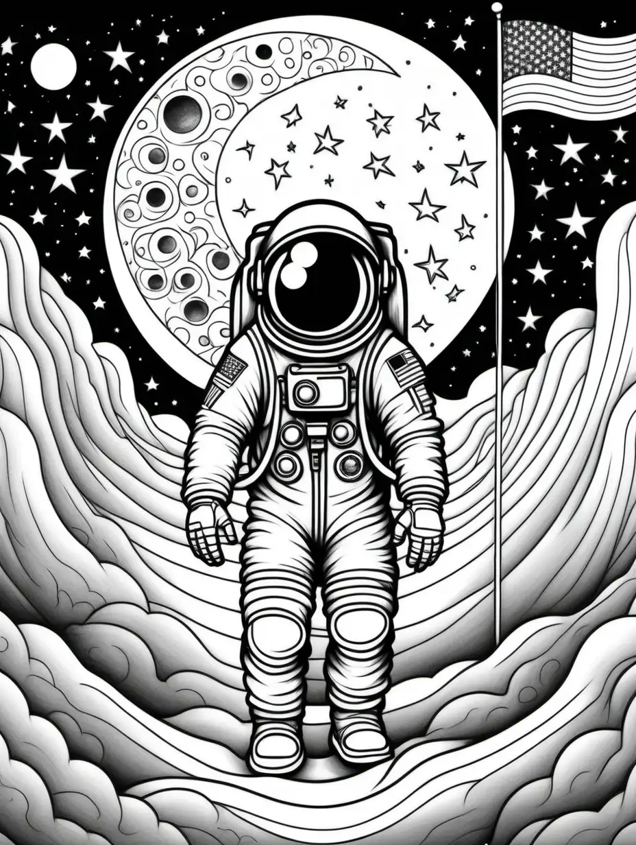 adult coloring book, clean black and white, single line, mandala in the shape of an astronaut placing a flag on the moon with an MTV logo 