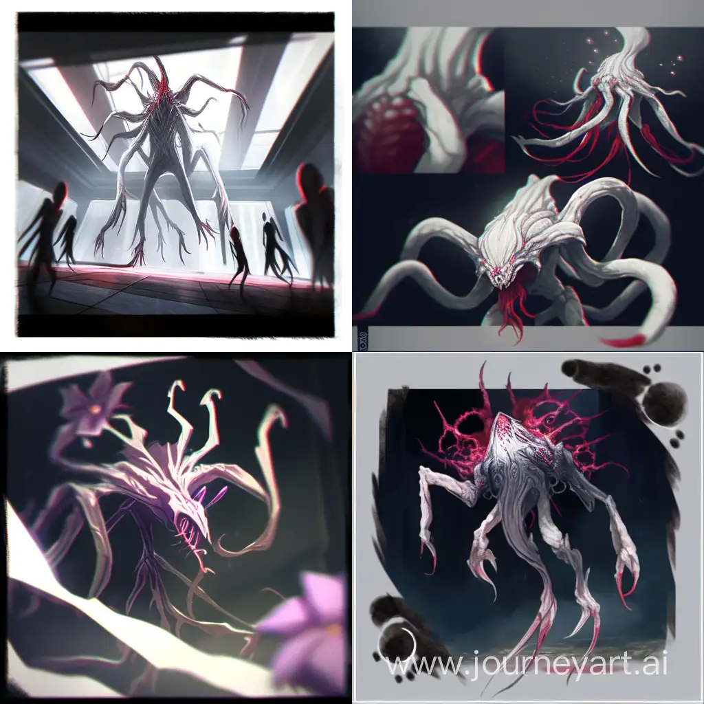 Concept art, Monster demogorgon hybrid, eyesless scp slender creature, white frames
