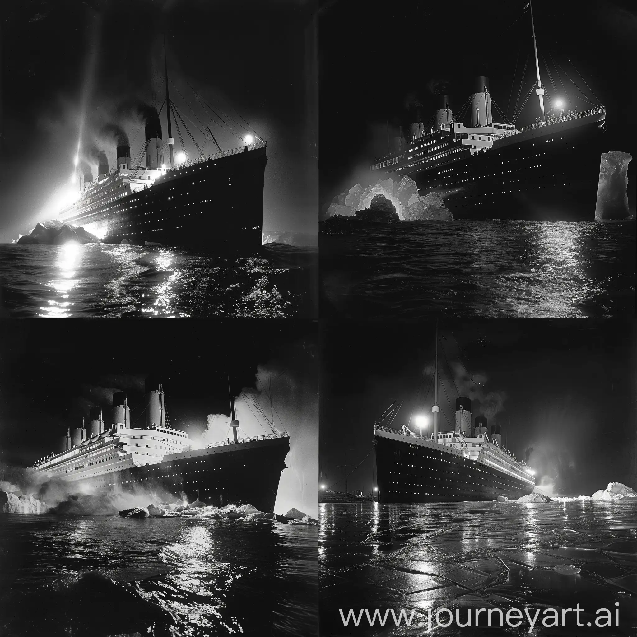 British passenger liner RMS Titanic hits a huge iceberg, midnight, dark, dramatic lighting, photography