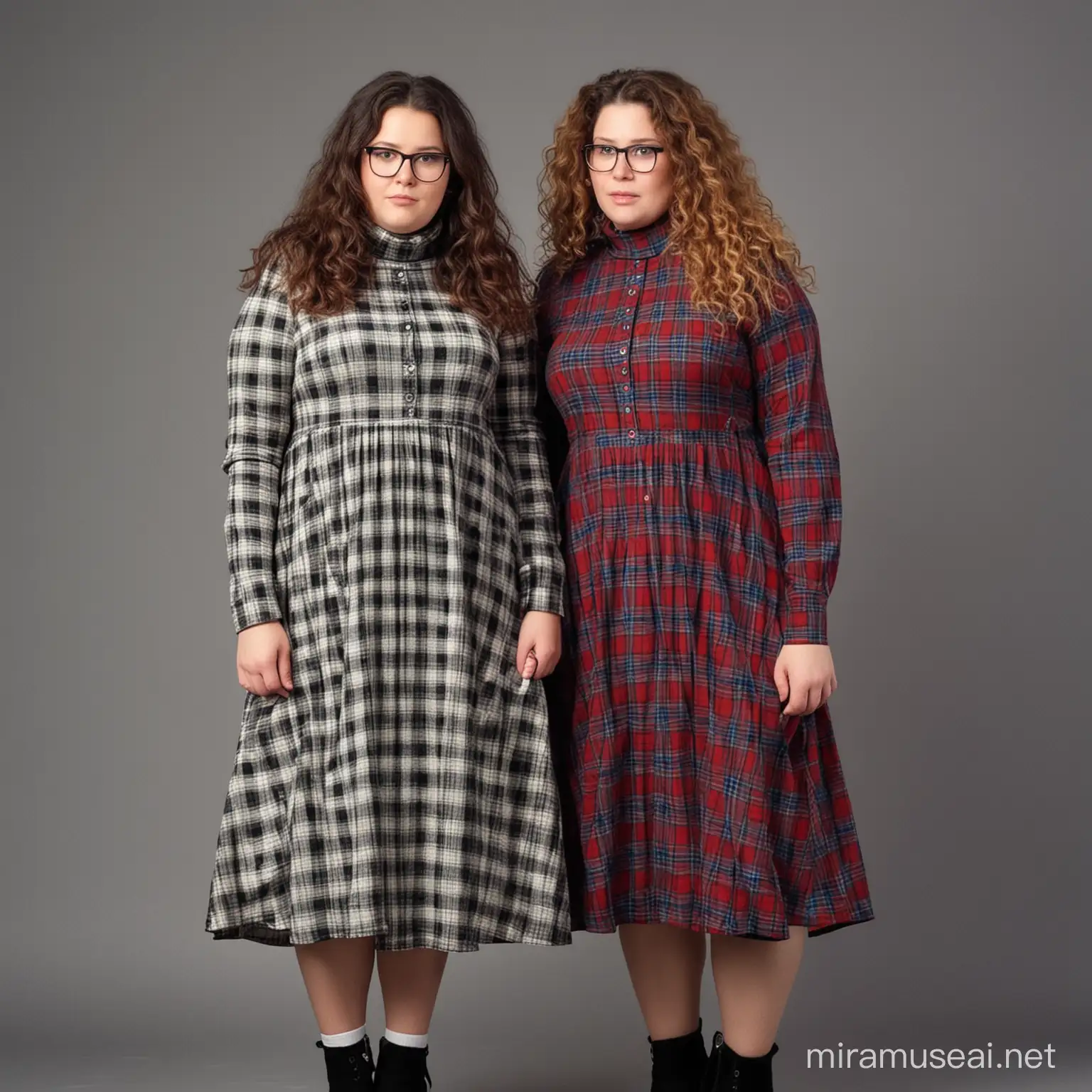 Two of chubby female nerds (45 years old), sad, hopeless, plain, dowdy, plaid, buttoned longsleeve long dress (turtleneck, head to ankle length), frizzy hair, standing