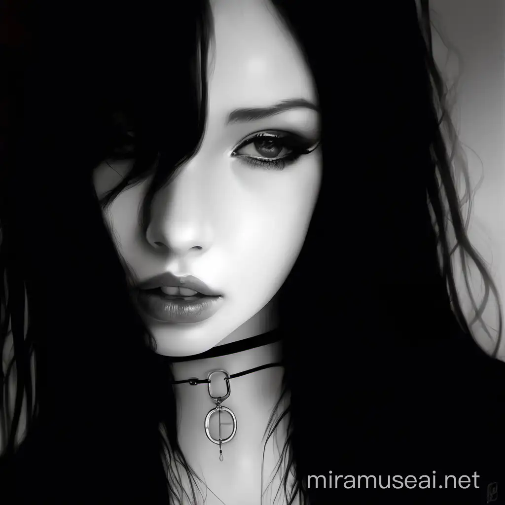 Hyperrealistic Black and White Portrait of Girl with Long Black Hair and Latex Choker
