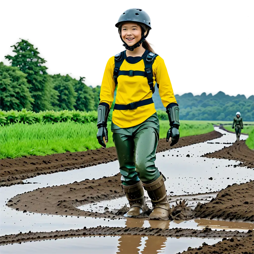 a girl with helmet and boots in a muddy water