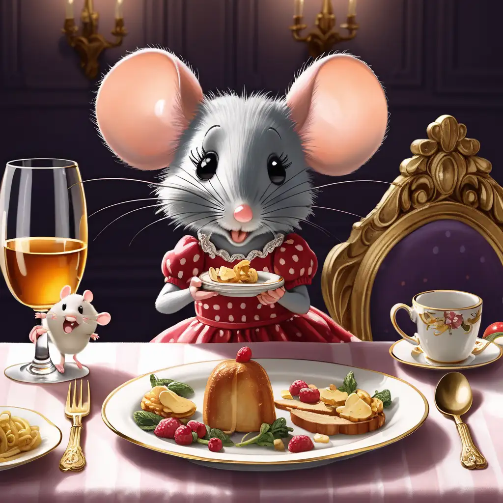 petite girl mouse in dress eating dinner