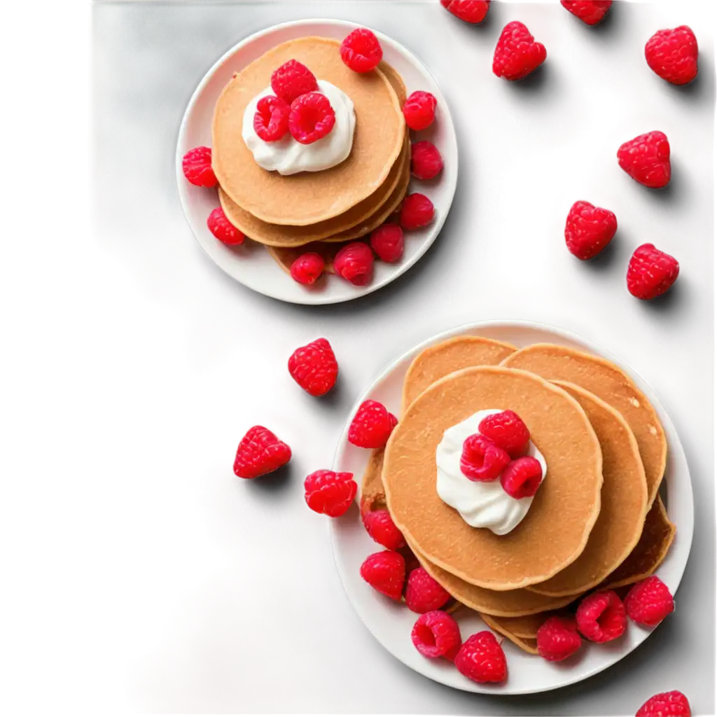 Sweet breakfast - pancakes with a lot of sour cream and raspberries on white plate. top view.