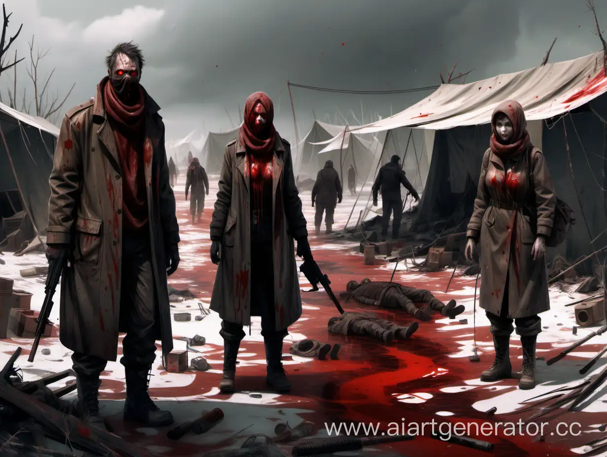 post-apocalyptic USSR survivors in camp concept art blood-stained devastated landscape