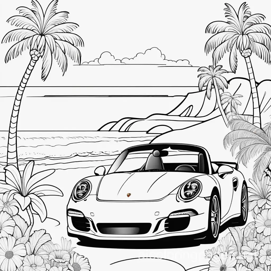 Beach, palm trees, Porsche, flowers, Coloring Page, black and white, line art, white background, Simplicity, Ample White Space. The background of the coloring page is plain white to make it easy for young children to color within the lines. The outlines of all the subjects are easy to distinguish, making it simple for kids to color without too much difficulty