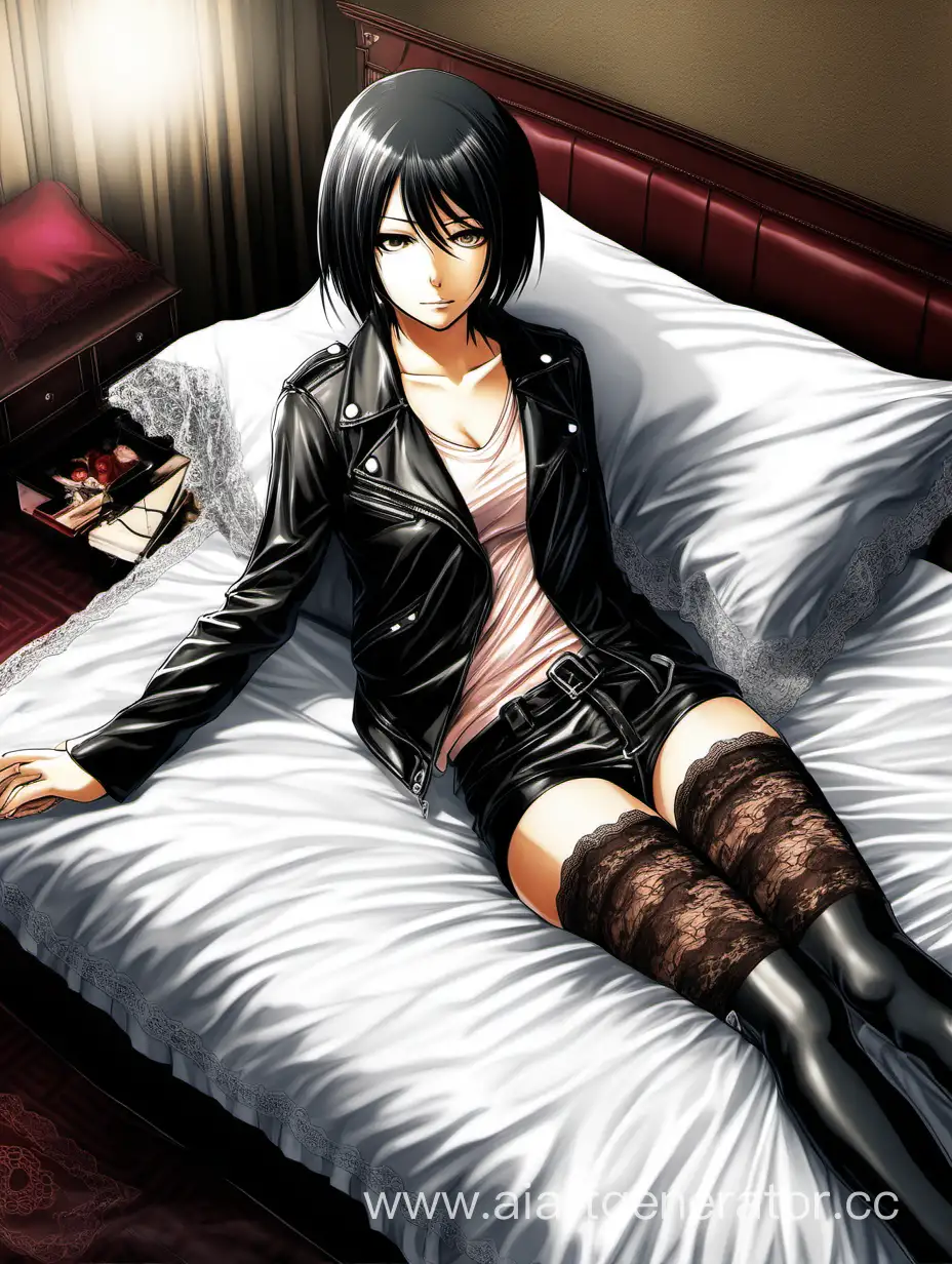 Mikasa-in-Sensual-Leather-Jacket-and-Lace-Stockings-on-Bed