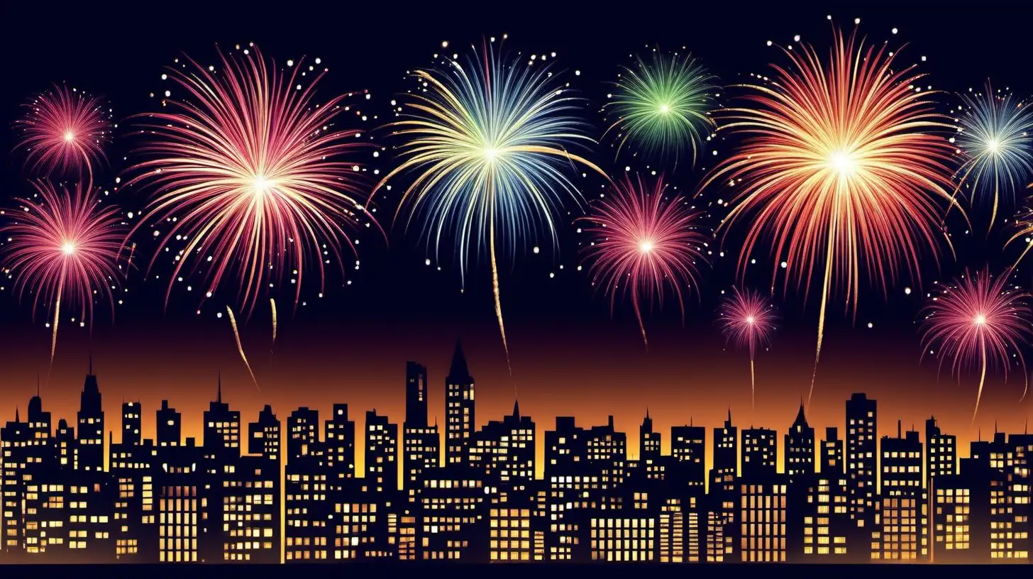 Vibrant Night Sky Fireworks Display with Cityscape