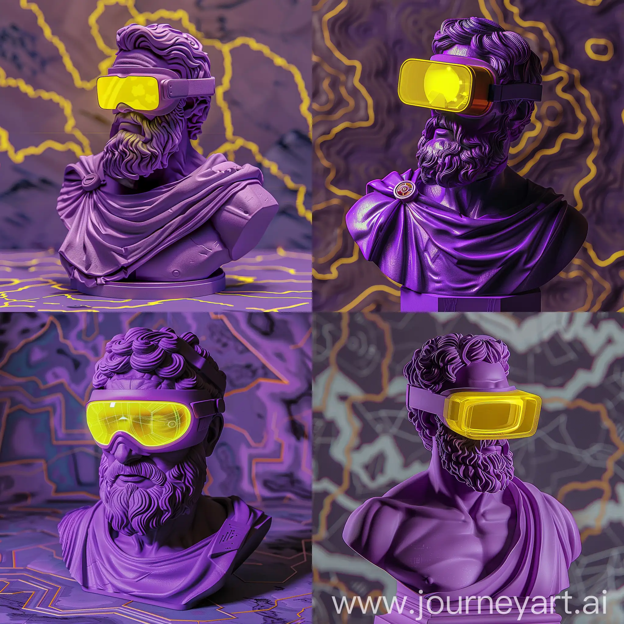 A Purple Sculpture of Greek Philosopher with Cyberpunk VR Glasses, Yellow Light in VR Glasses, Bust Style, Topographic Pattern in Background, Cinematic Pose, Medium Shot, High Precision --v 6.0