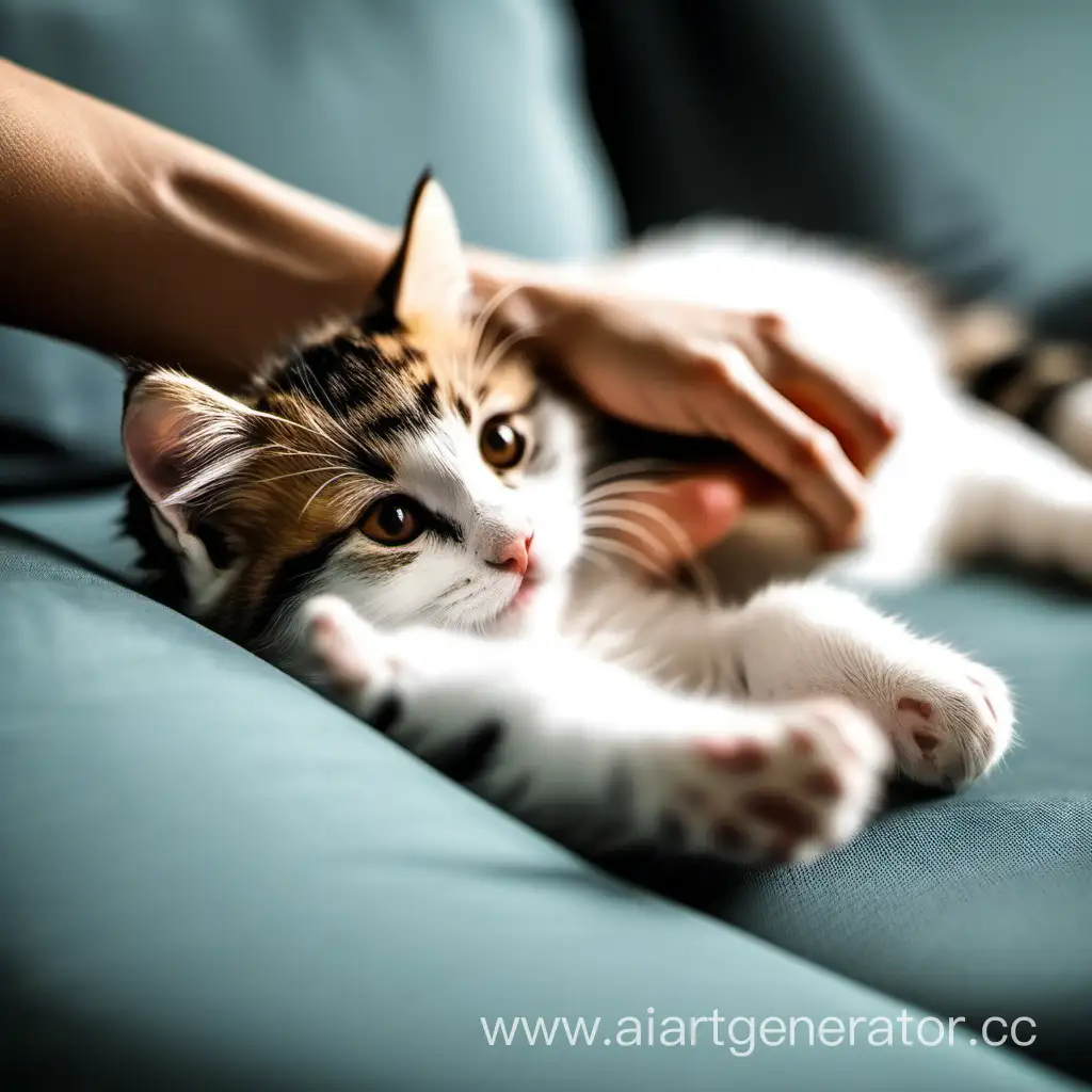 Милый котик на диване играет с рукой хозяина