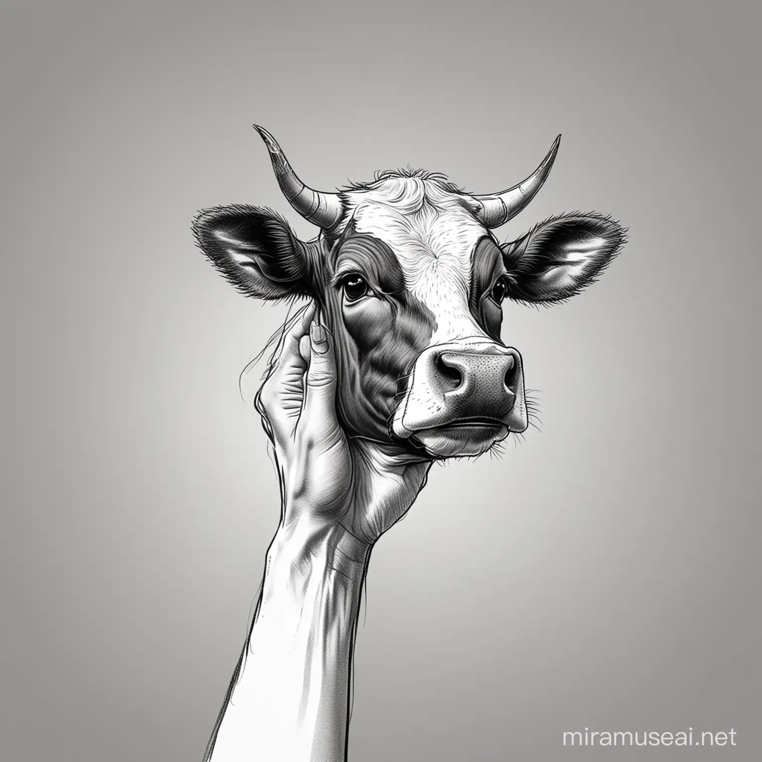 Cartoon Arm Holding Cow Hand in Black and White Line Art