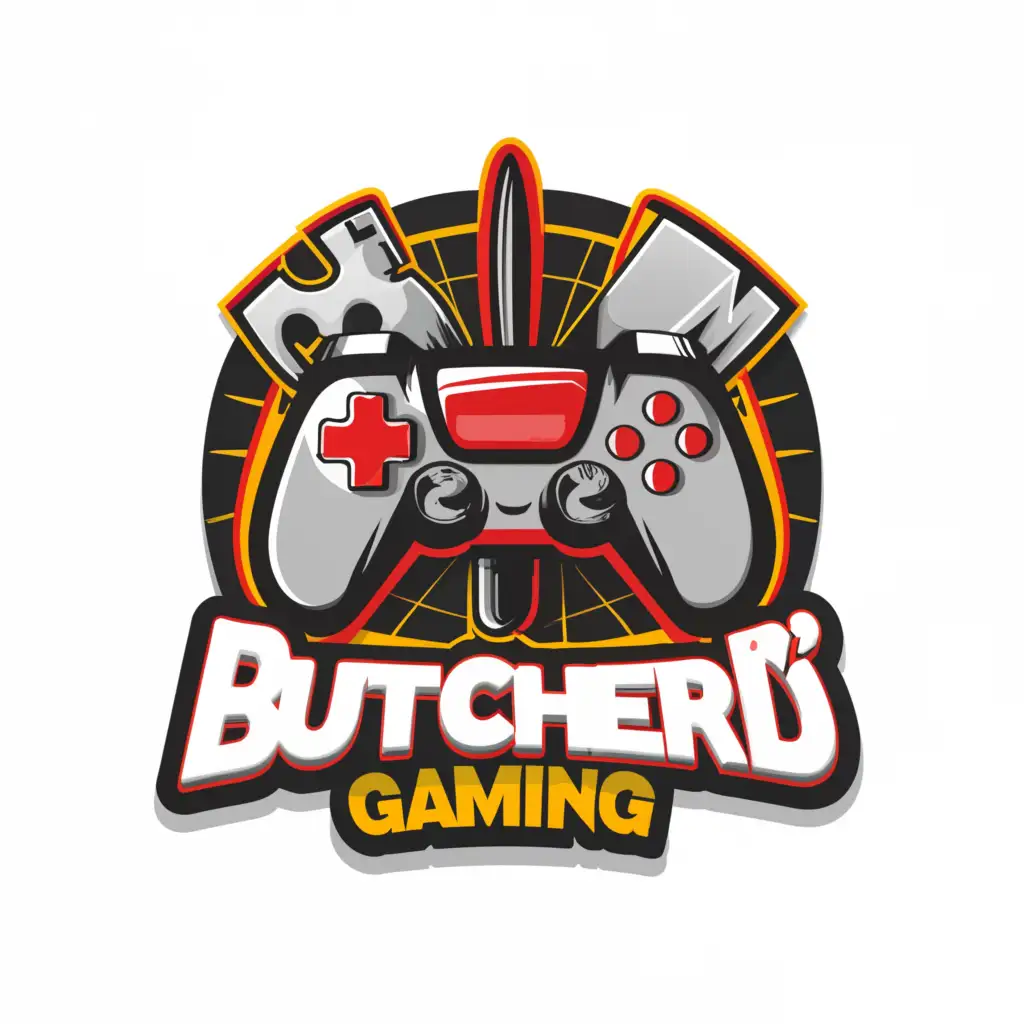a logo design,with the text "Butcher'd Gaming", main symbol:Game controller and a butcher's knife,Moderate,be used in Internet industry,clear background