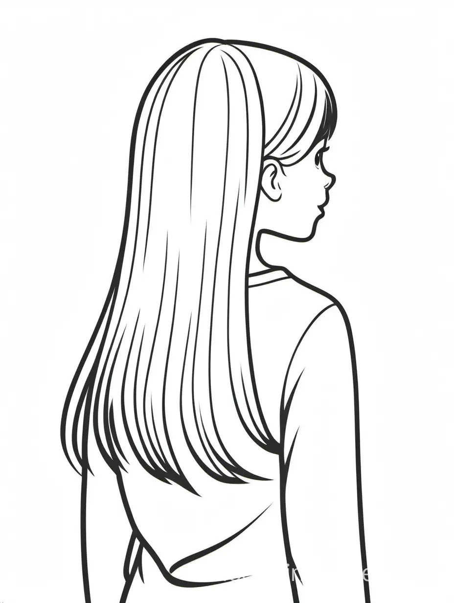 tween GIRL with medium straight hair from behind, Coloring Page, black and white, line art, white background, Simplicity, Ample White Space. The background of the coloring page is plain white to make it easy for young children to color within the lines. The outlines of all the subjects are easy to distinguish, making it simple for kids to color without too much difficulty