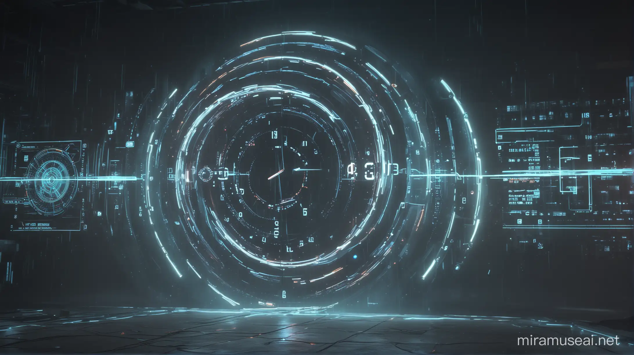 Futuristic Time Travel Portal with Neon Lights and Big Time Clock