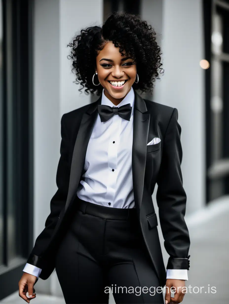 Beautiful Black woman with curly hair wearing a black tuxedo with a black jacket.  Her shirt is white with double french cuffs and a wing collar.  Her bowtie is black.  Her cummerbund is black.  Her pants are black.  Her cufflinks are silver.  She is smiling and laughing.  She is relaxed.  Her jacket is open.