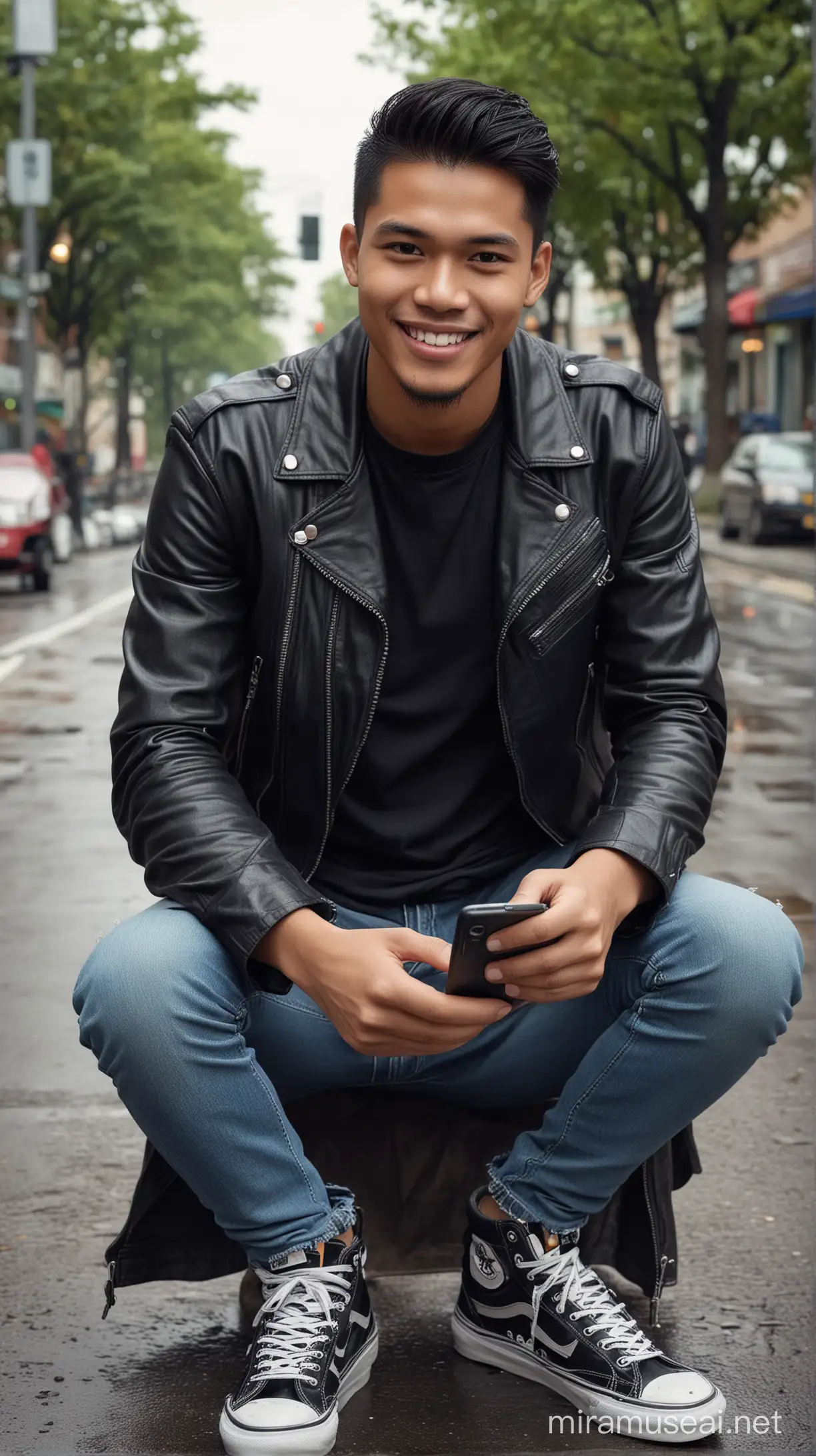 Close up photo, realistic young Indonesian man with straight, layered hair wearing a black leather jacket with black t-shirt, blue jeans, Vans shoes, holding a smartphone in his hand, smiling sitting on a black Harley Davidson with a plate that says "B3B" on the road. view in the afternoon of the city park, facing the front of the camera. rainy atmosphere, high quality Hd details.