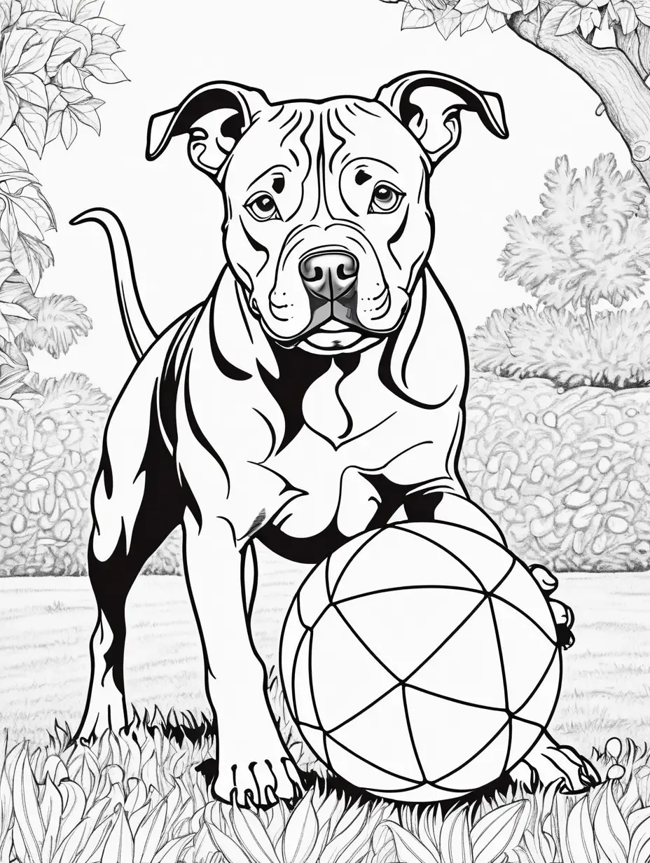 an adult coloring book of a pitbull playing with a ball outside



