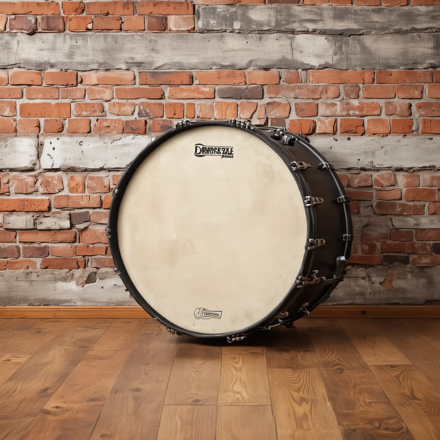 brick wall with a bass drum against it on a wooden floor
