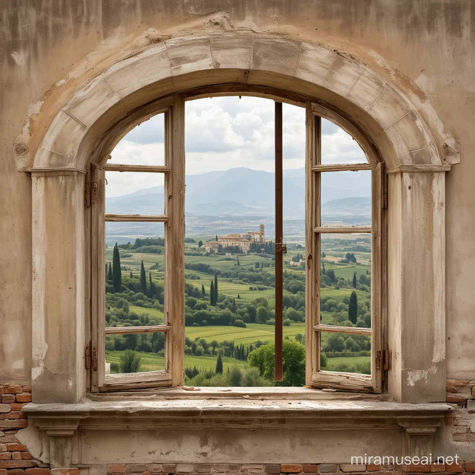 Classical Style Distressed Italian Window Overlooking Serene Landscape