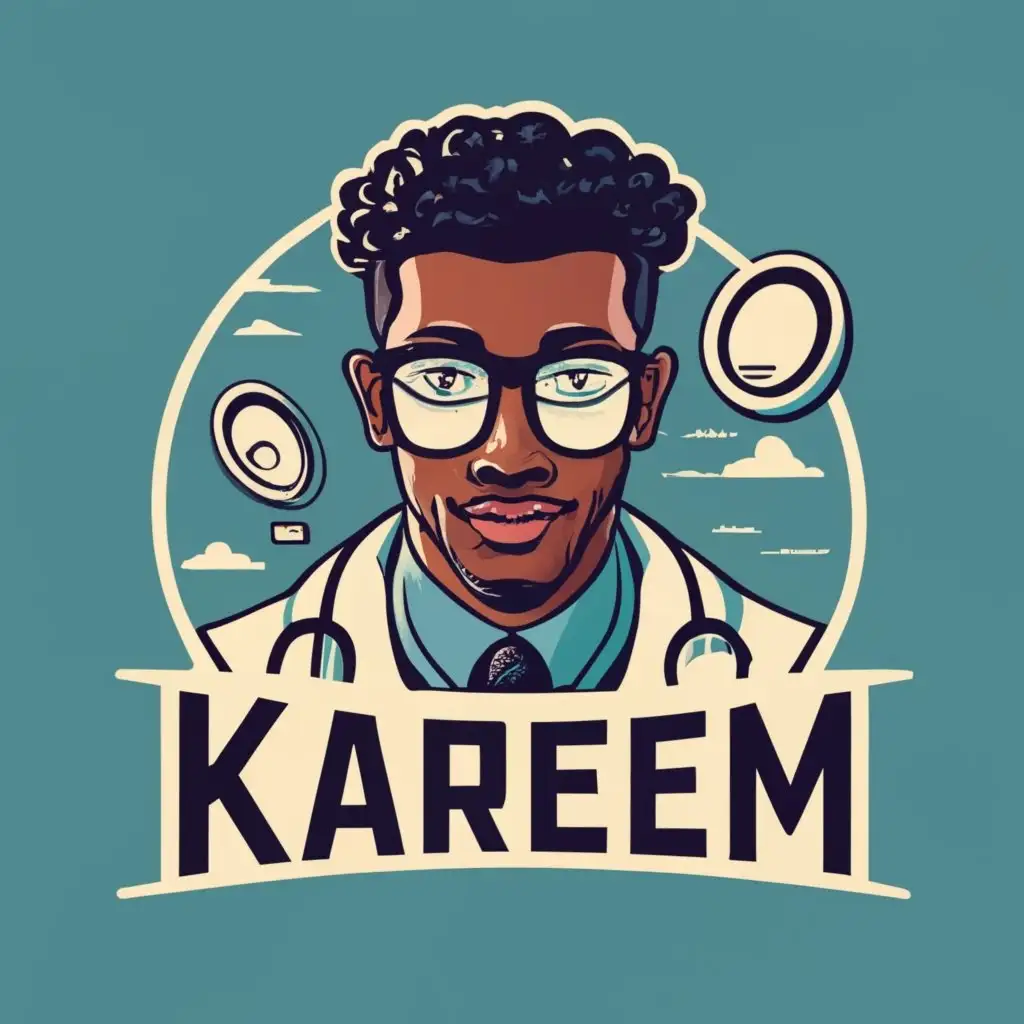 logo, skinny black male doctor with glasses, with the text "Kareem", typography, be used in Medical Dental industry