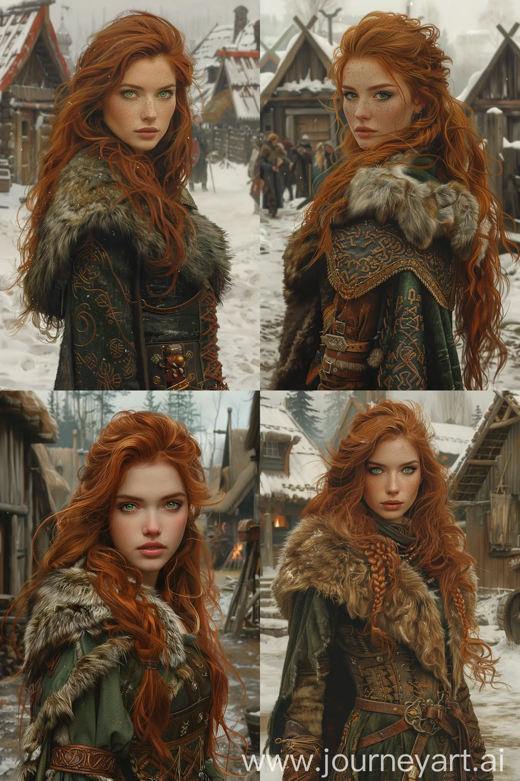 A full body digital painting of a beautiful female Slavic Russian, aged 25 that looks like [Megan Fox+ Angelina Jolie] with long unruly red hair and green emerald siren eyes, standing in a Viking village. She appears to be a dangerous berserkr and beautiful witch. She wears a beautiful furs slavis russian wariors attire. Painted by John William Waterhouse --ar 2:3 --v 6 --s 500
