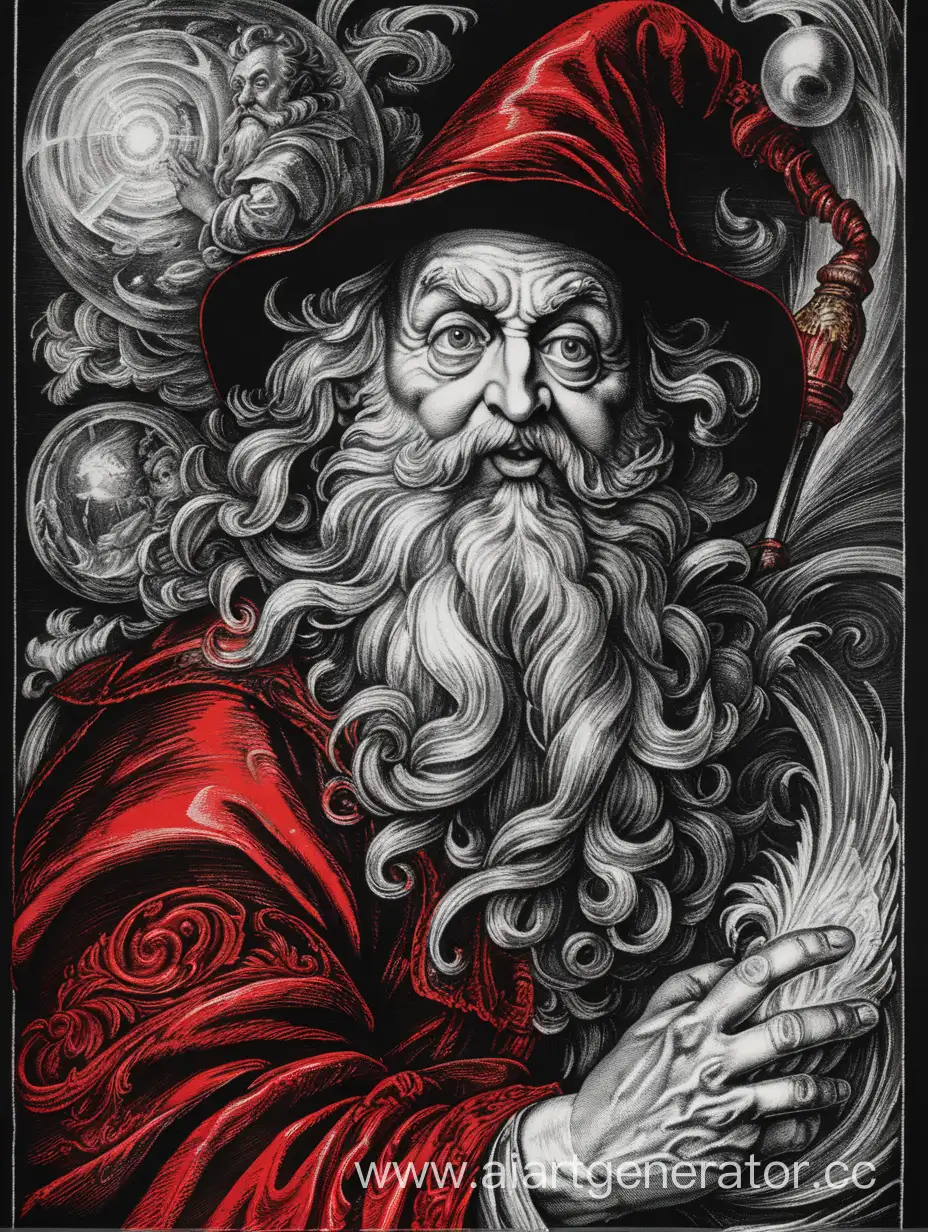 crazy wizard , assimetrical, Peter paul rubens  poster, hiperdetailed, black,gray, red