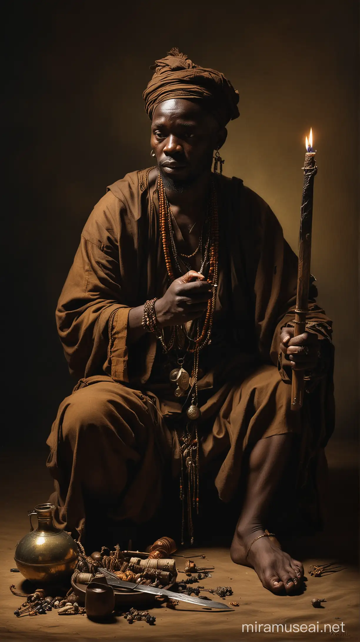 Painting that will show Africans doing a voodoo ritual with a knife and amulets and voodoo symbols. in the Rembrandt style and baroque painting. Dramatic use of light and shadow, a technique known as chiaroscuro. This creates a striking contrast between light and dark areas, often highlighting the focal point. of painting, his compositions often convey a deep emotional or narrative intensity, Rembrandt's color palette is typically rich but subdued, with earthy tones and warm colors, his brushwork is renowned for its expressiveness and texture, ranging from soft to Finely detailed in focus areas. to looser and more impressionistic elsewhere,