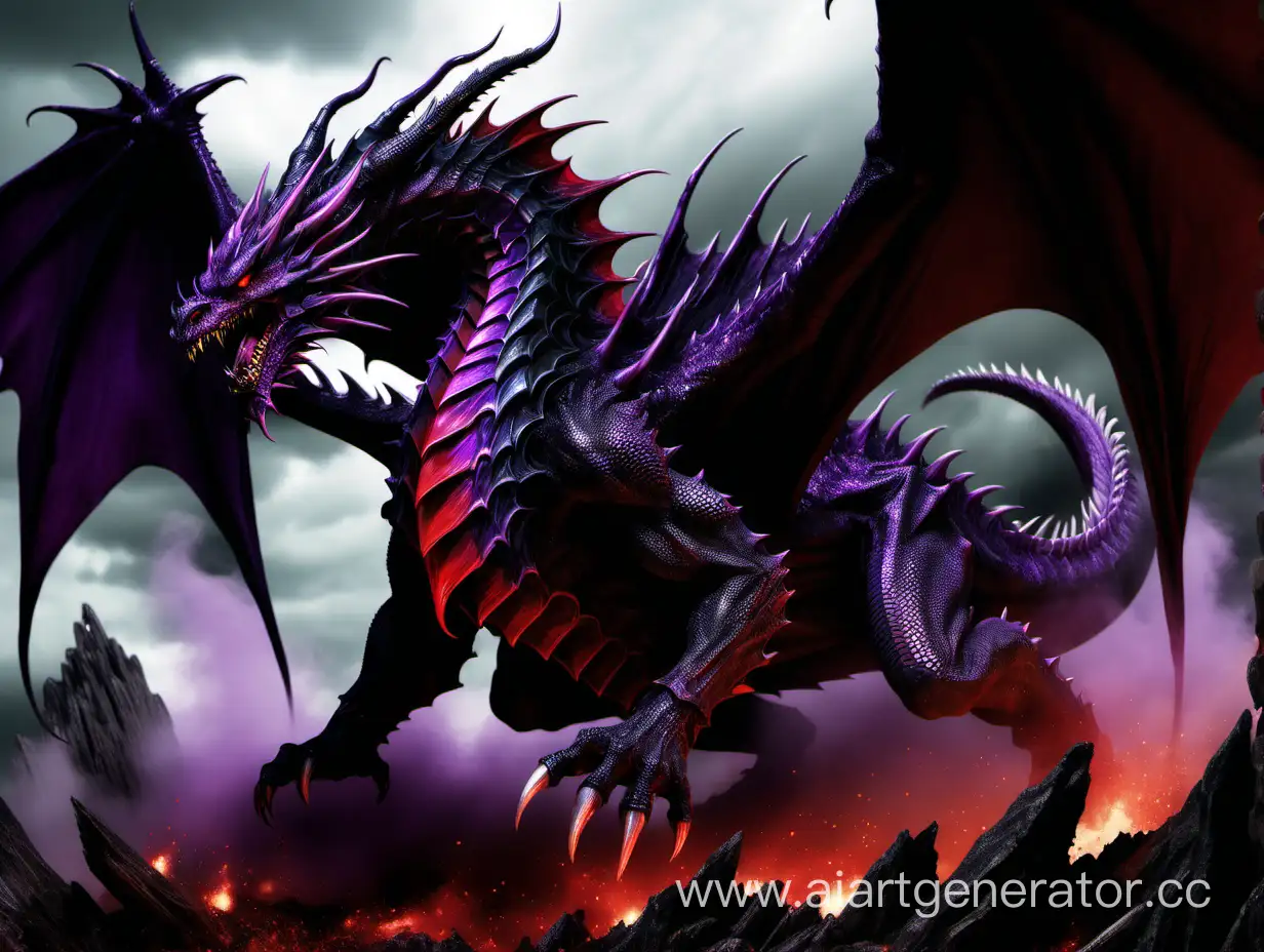 A demonic huge dragon with an overflow of purple black and red