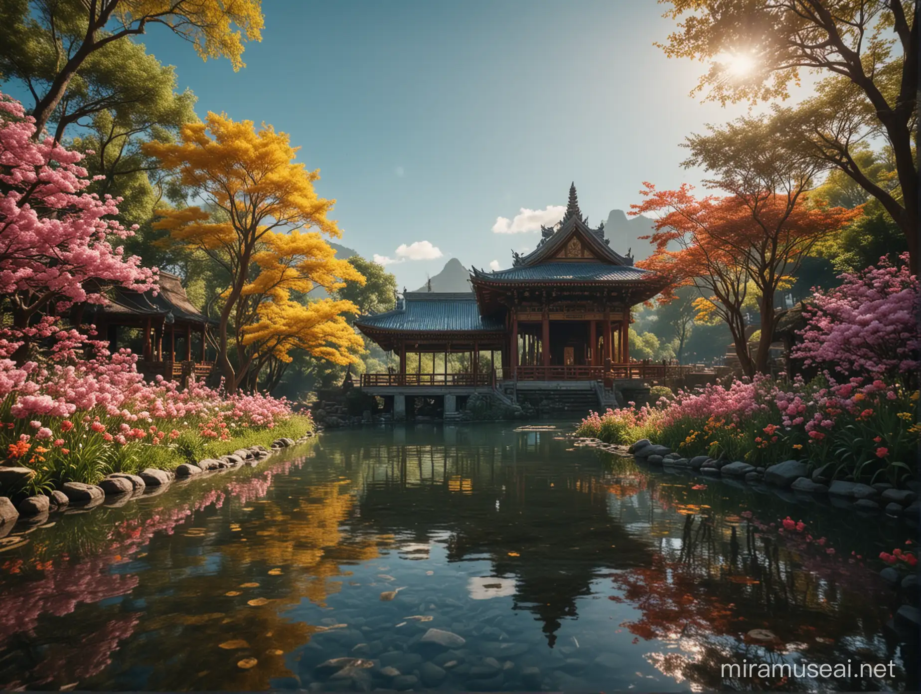 serene atmosphere of a Waisak celebration, buddhist temple surround with water, radiating tranquility and compassion, with colorful flowers bloom. The air is filled with the soothing sound of chanting and the gentle rustle of leaves, evoking a sense of peace and spiritual harmony. Natural sunlight with a wide-angle view. High quality, Real image, Magazine shoot, medium shot. high definition, hd, 4k, cinematic, super-resolution, cinematography, atmospheric, highly detailed heavenly dramatic lighting, highly realistic cinematic lighting, volumetric lighting, photography, cinema, epic high dynamic lighting, hdr, extremely detailed, depth of field, dramatic lighting,  dramatic color grade, epic scene, color grading, editorial photography,  prophoto rgb, diffraction grading, chromatic aberration, rgb displacement, scan lines, Photo on color film agfa 400