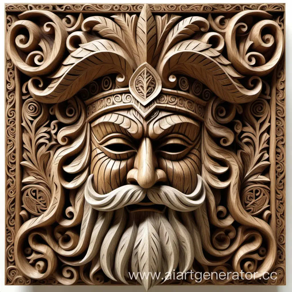 a magnificent carved an ancient vintage carved mask made of wood, a museum exhibit, a work of art, a piece of jewelry art, ornate, on a white background - carved mask Greenman with a long beard, in full face, with detailed patterns and runes, with a drawn texture, beautiful, aesthetically pleasing, 16k, hyperdetalization, hyperrealism, on a white background--ar 53:75 --s 250 --q 2 --style raw, hyper realistic, intricate detail