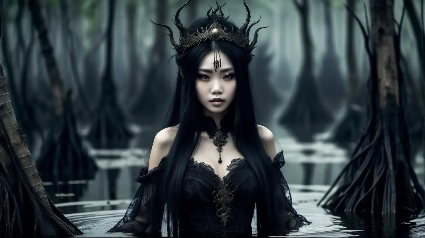 Enchanting Asian Swamp Queen in Dark Intricate Attire