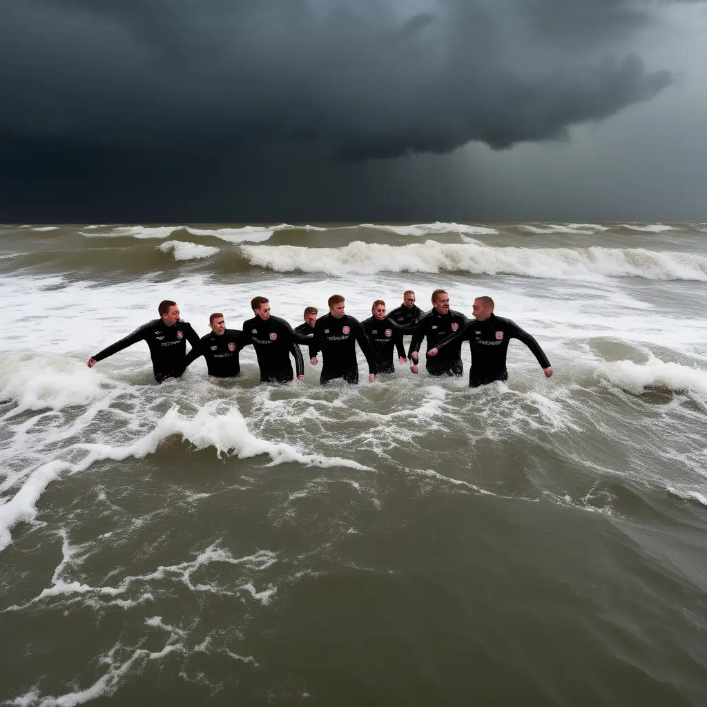 PSV Eindhoven fans swimming in the sea in a storm wearing black jackets