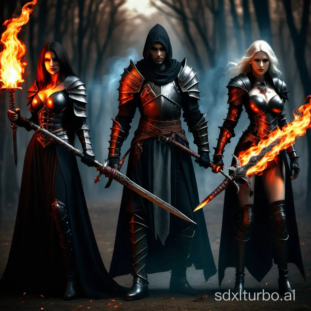 Medieval dark warrior, sorcerer and with fire sword (female) Medieval dark warrior, sorcerer and with fire sword (male)