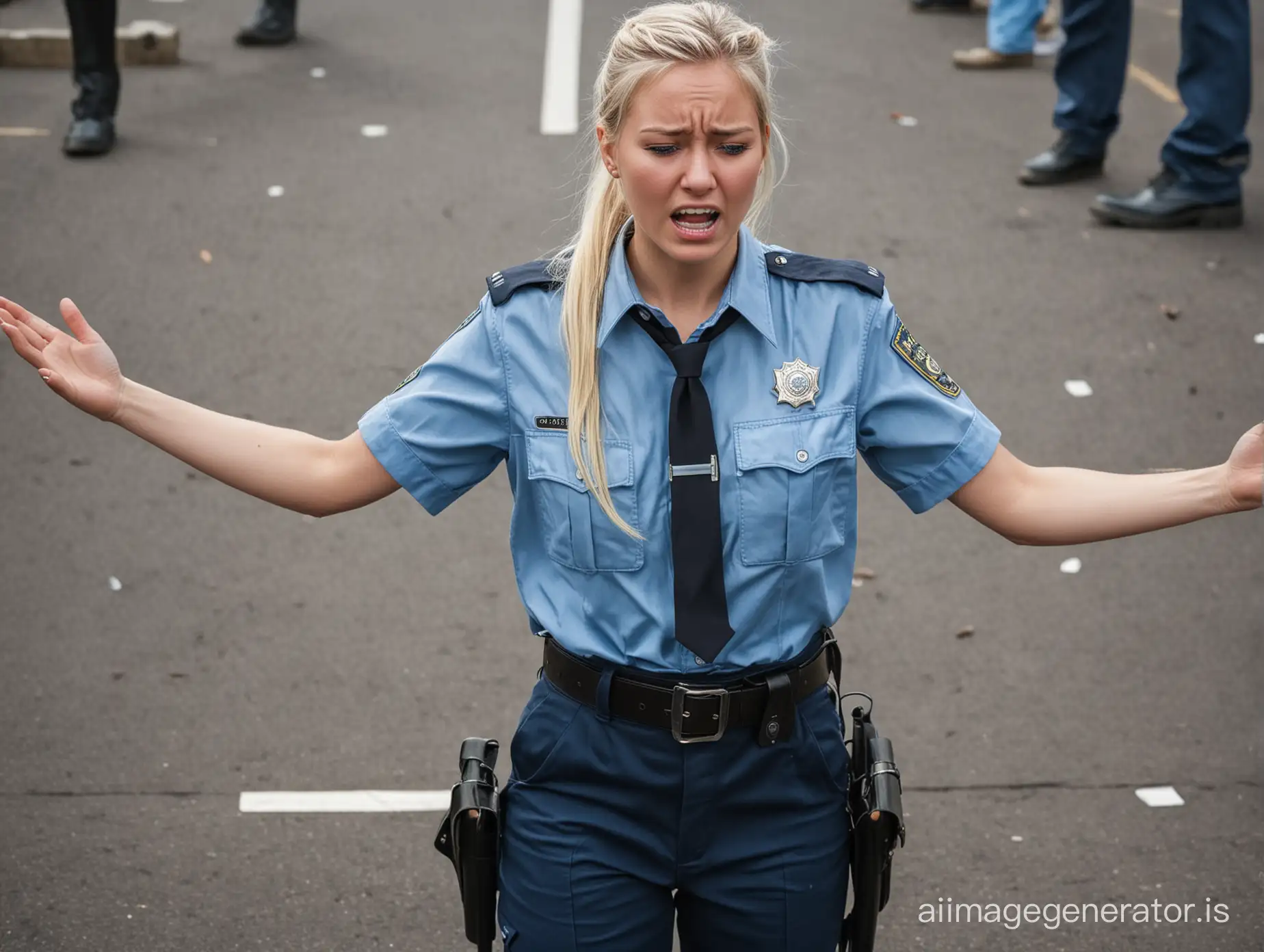 (((sad, (((crying)))))) (((hands up, surrendering))) policewoman in police uniform open, utility belt, (combat boots) in a policestation, platinum blonde with ponytail, 20 years old, very light blue eyes