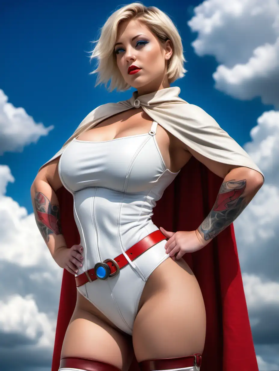 Curvy Power Girl Kara Zor-L, with short blonde hair, blue eyes, large boobs, tattoo on upper chest, tan skin, white leather costume with a red cape red boots and red  waistband, full body visible, looking at the camera body slightly turned to the side, hands on hips, cloudy blue sky background, photorealistic.