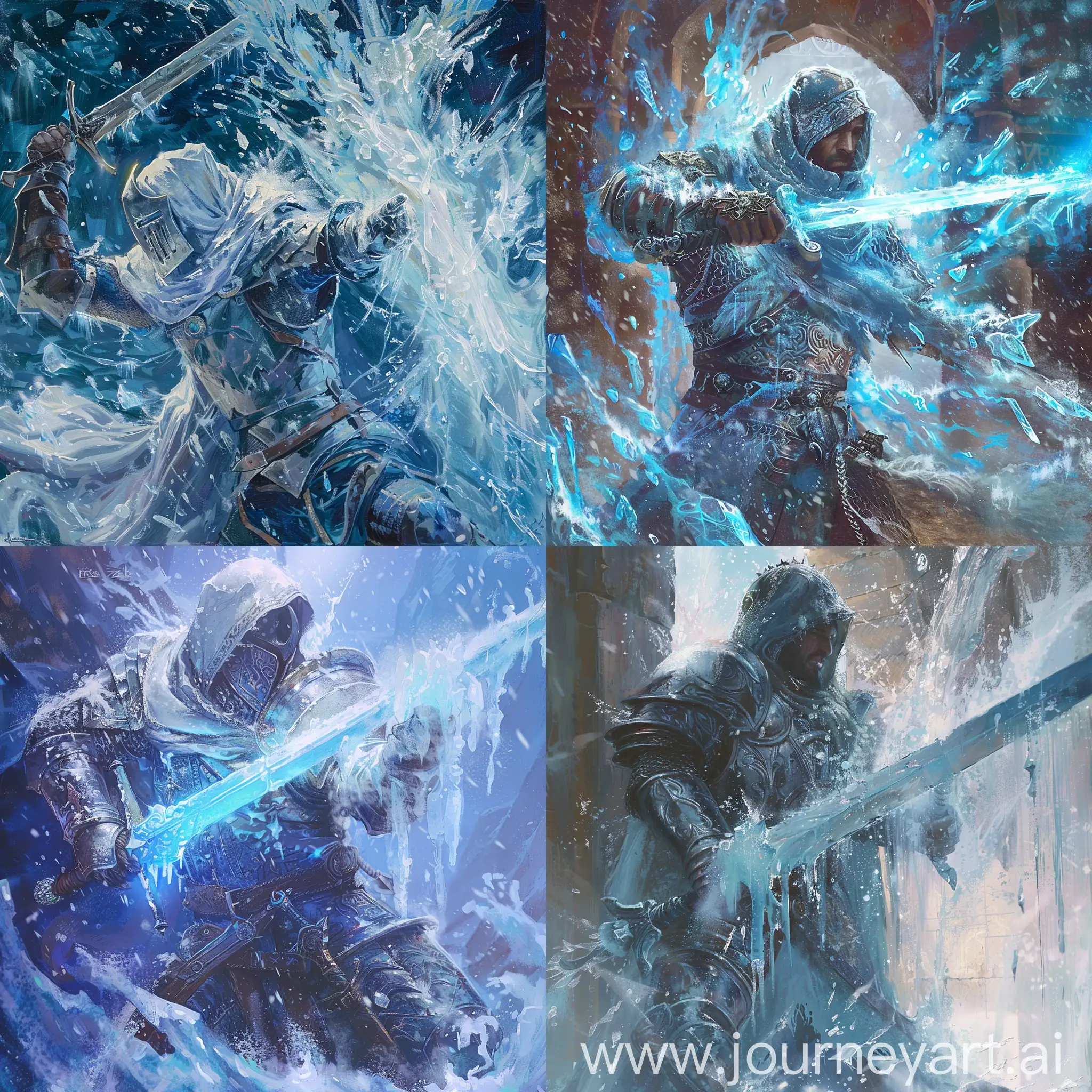 Battle Mage freezing an Arabian knight in solid ice with ice magic.
In the art style of Terese Nielsen oil painting.