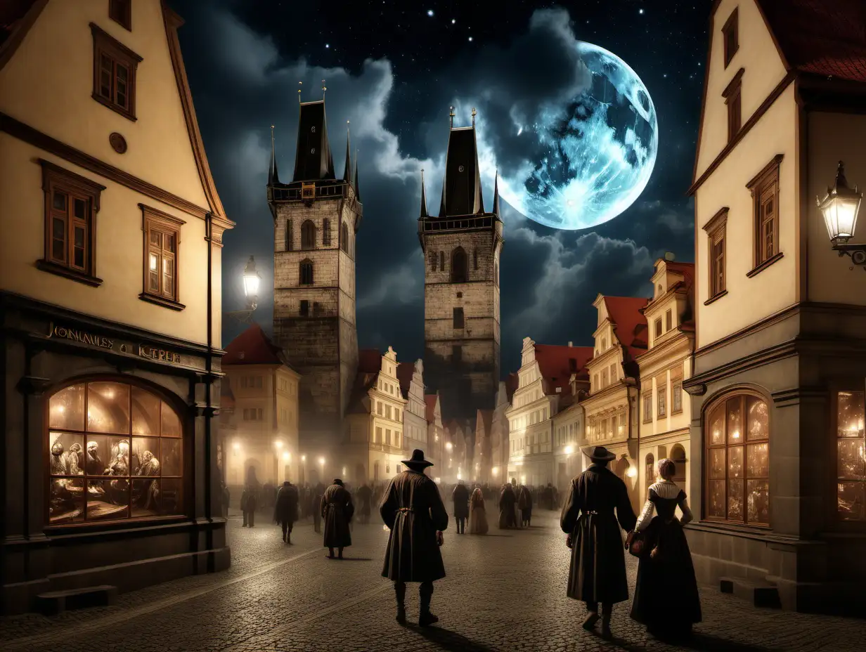 Dramatic atmosphere, Photo-realistic, detailed, high definition. Full Body, side view. The city of Prague in 1610.  Do you discover Johannes Kepler in this image?  Is it the workshop of Tycho Brahe? Constructing a device, to observe the night sky? Is it him and his wife, going to town? 