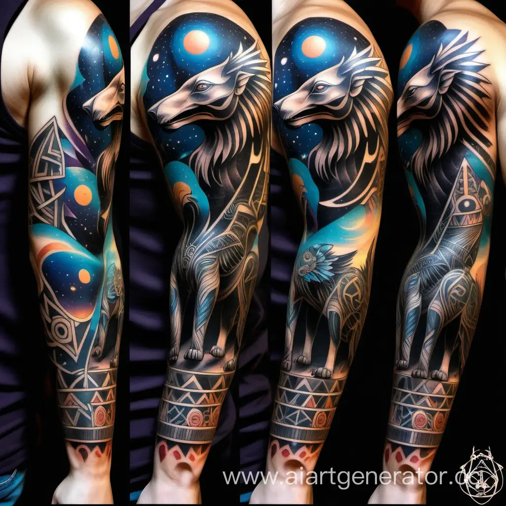 Tattoo sleeve of a three-legged crow, Anubis wolf, and a totemic elephant, with a cosmic theme