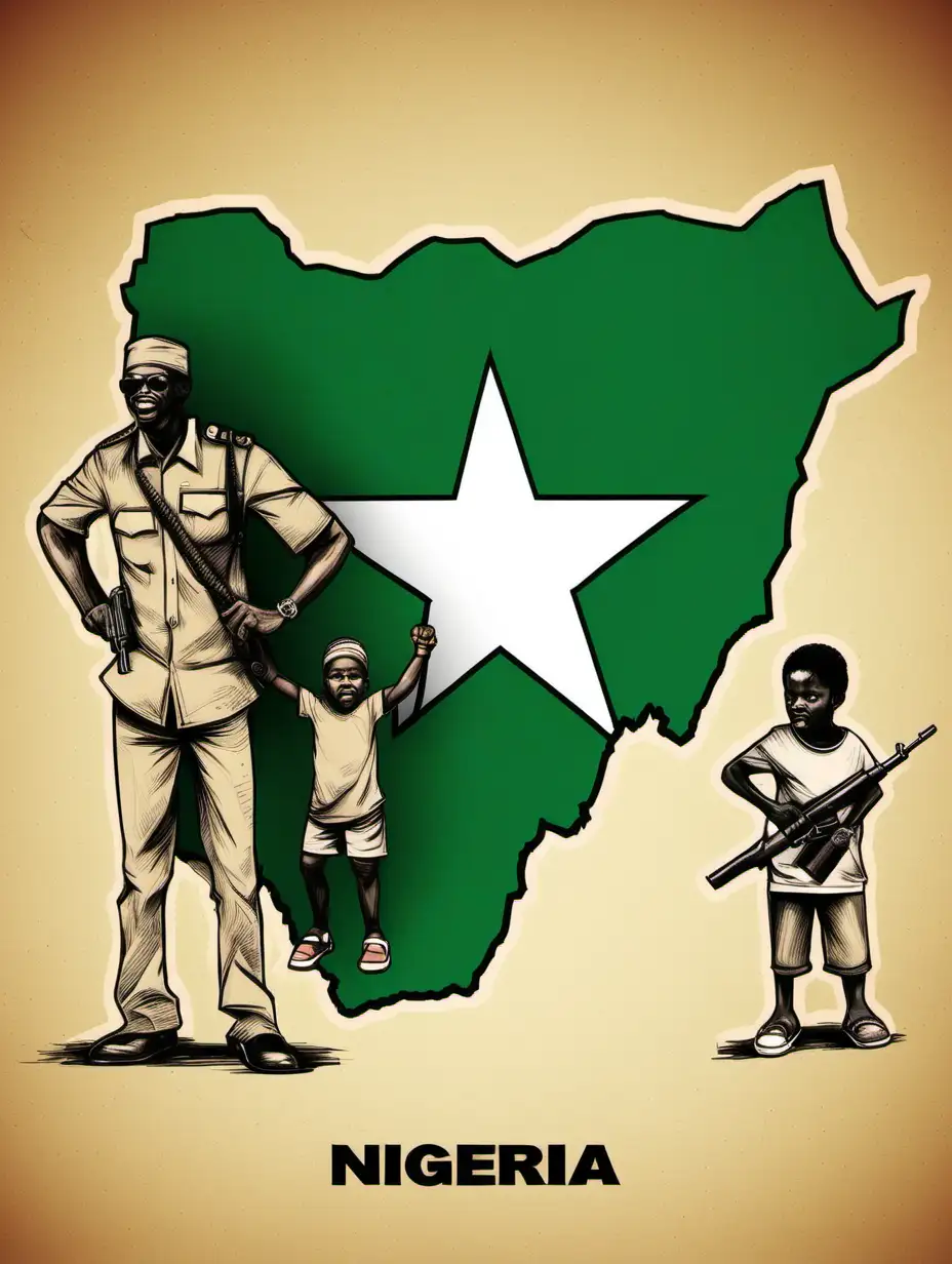 Nigeria map with family protesting holding fist and guns sketch