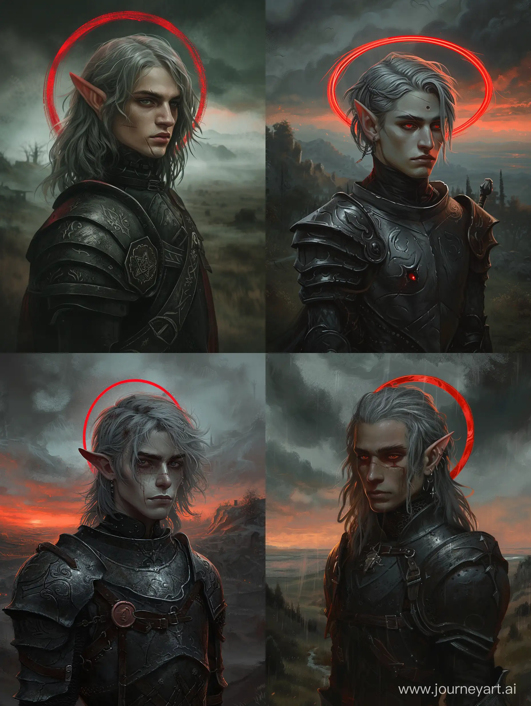 young male, half-elf, gray hair, saint face, dark medieval armor, gloomy landscape, red halo