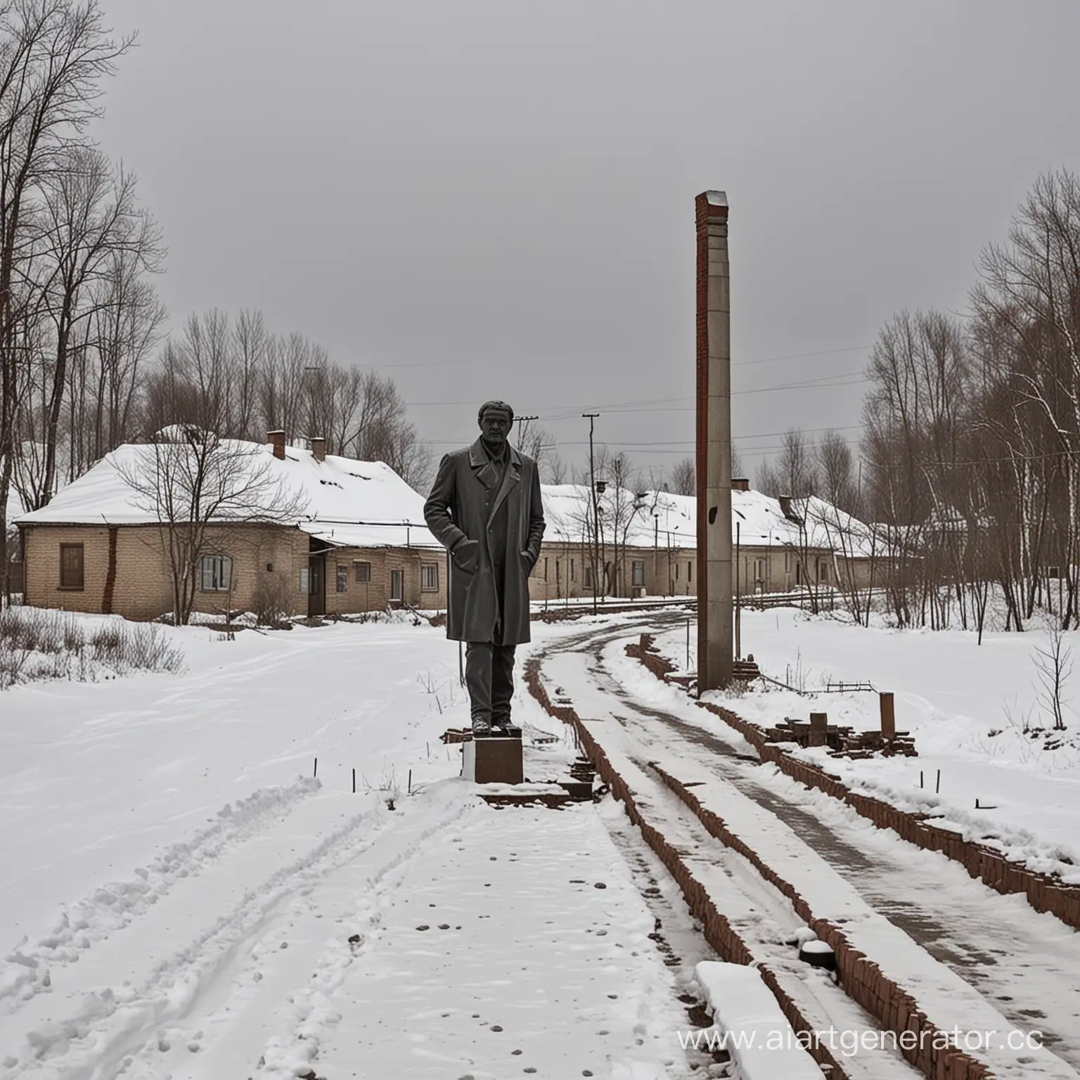 трубопровод проходящий через деревню. в деревне стоит памятник Ленину. основной акцент на трубопровод