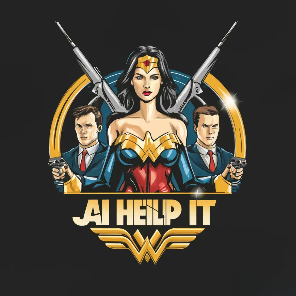 a logo design,with the text "JAI Help IT", main symbol:3D half  image of wonder woman holding 3mm revolver beside 2 male investigator,Moderate,be used in Technology industry,clear background