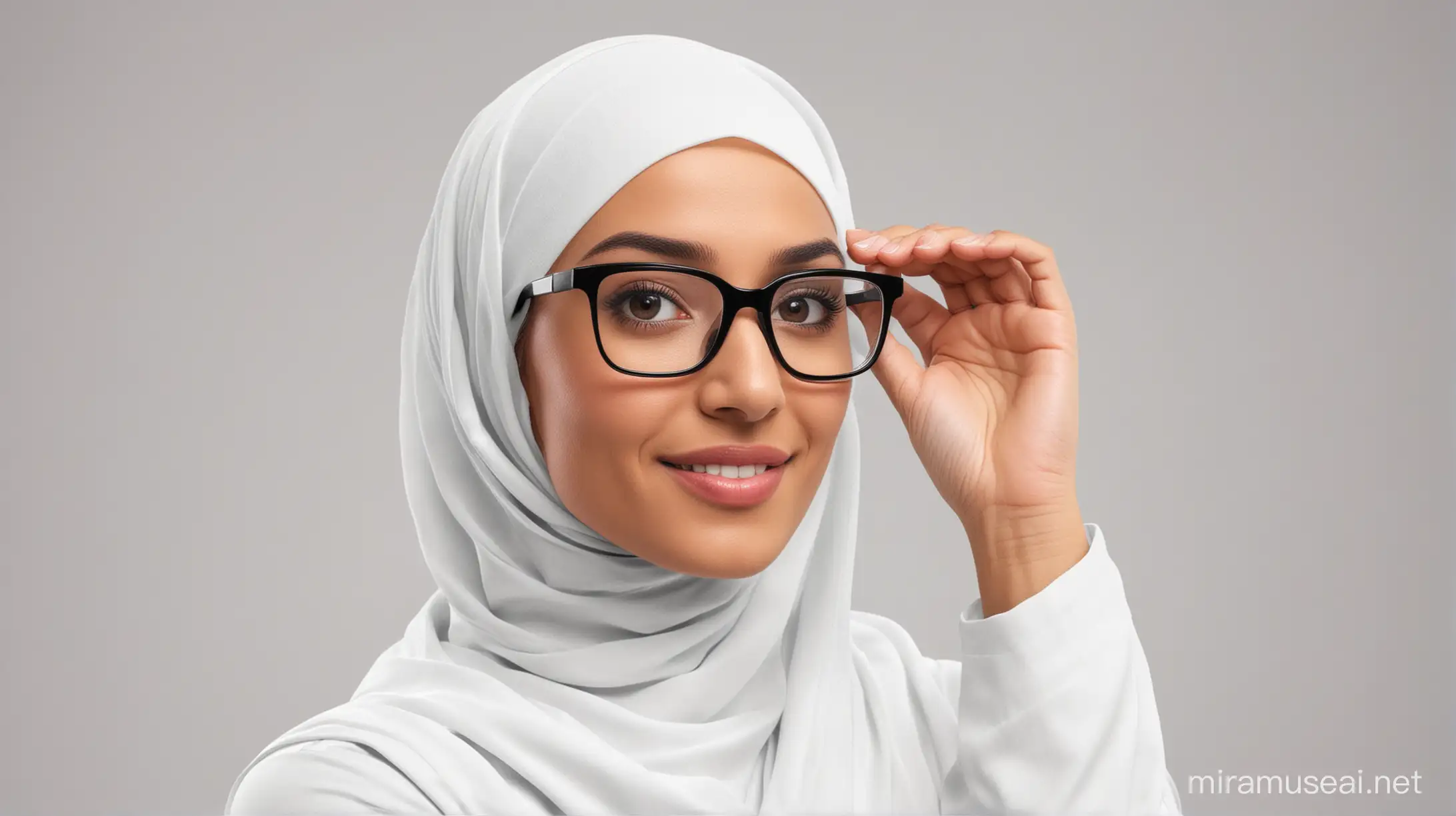 Muslim chemistry teacher in 3d hijab wearing white background glasses