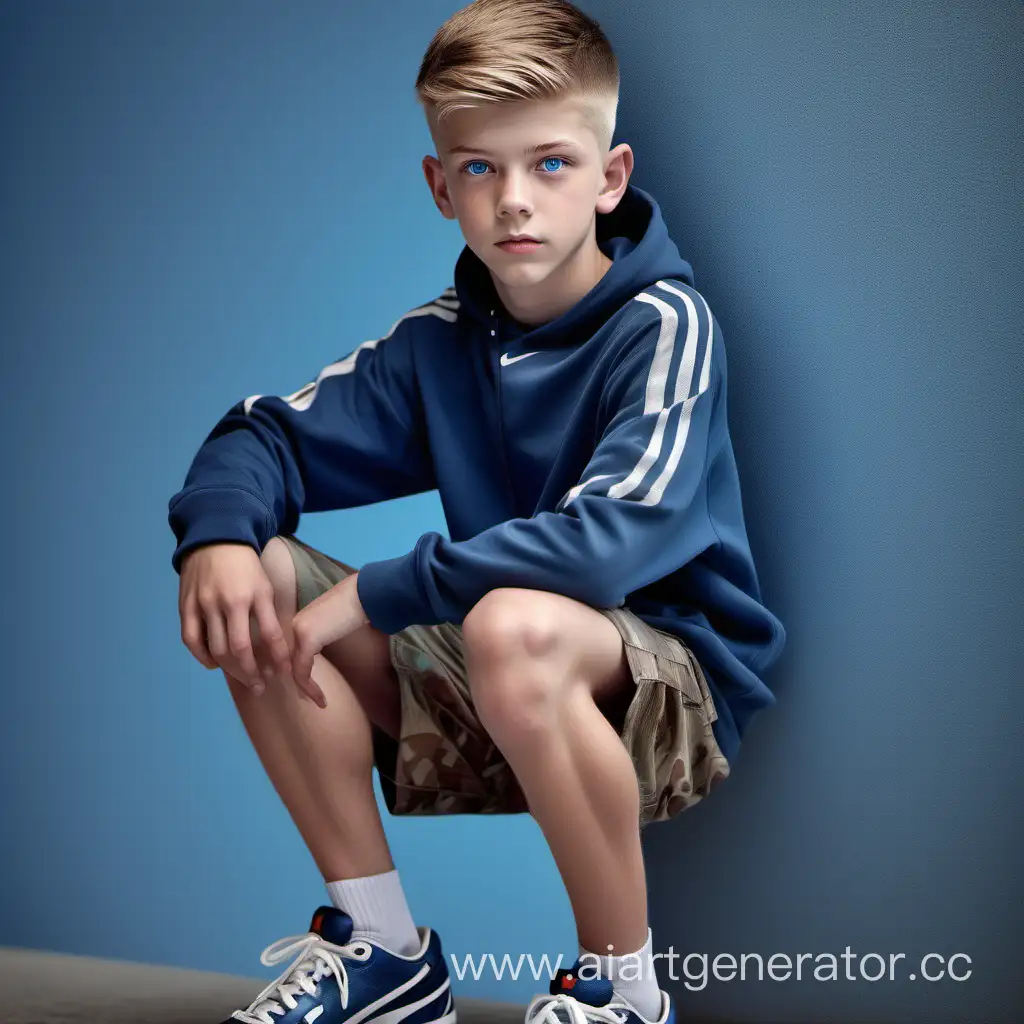 парень 14 лет атлетичные ноги короткая стрижка голубые глаза,  атлетическое телосложение  высокое разрешение гиперреализм, эстетично, красиво, высокая детализация, во весь высокий рост, multicam,  