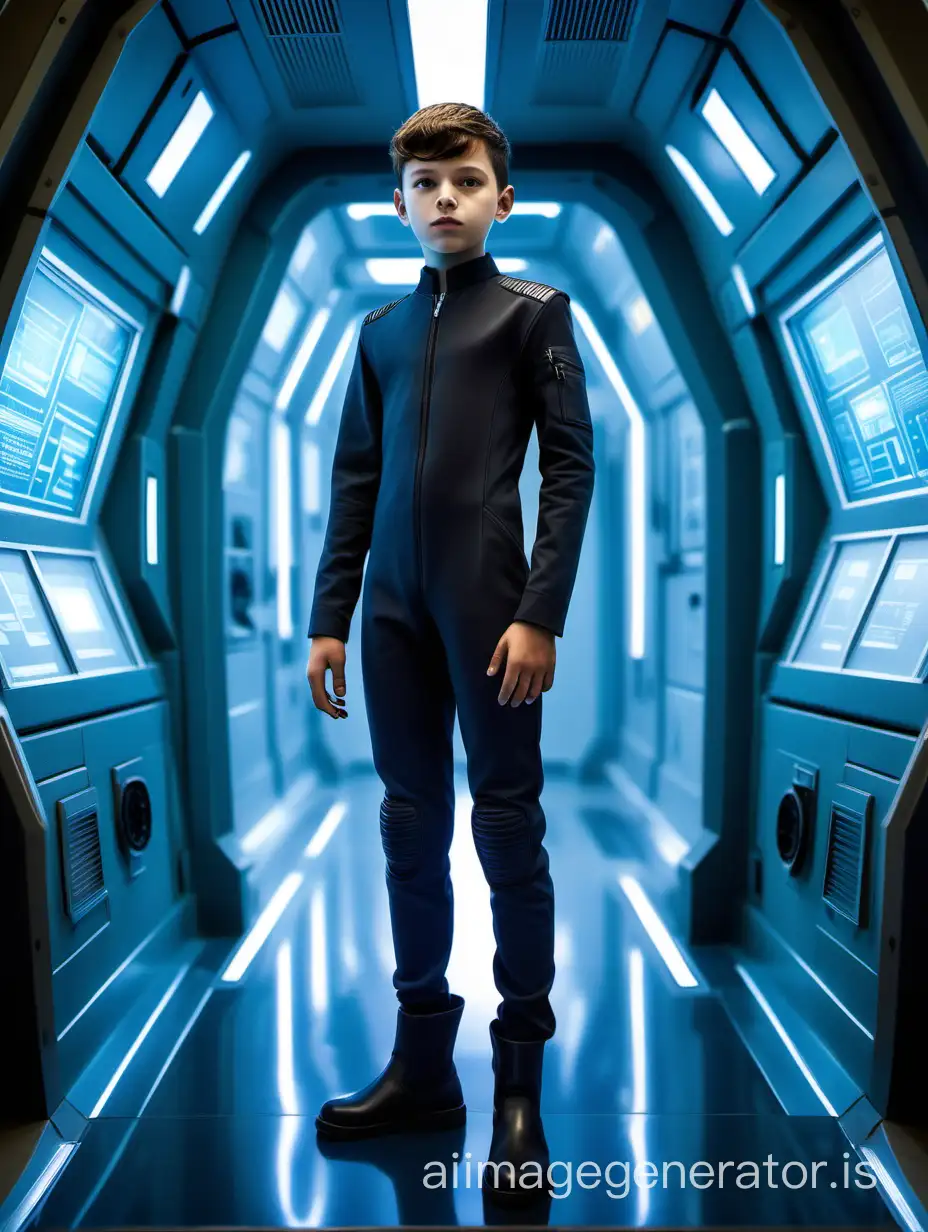 An 14-year-old white male who is slim. His limbs have no development. He has dark hair and a boyish face. He wears a matte black skin-tight jumpsuit. The surface of the jumpsuit is absolutely flat – it has no structures. The material has also no closure or zipper. The suit has a high collar with small V-neck. His Hands are free. The face is also free. The figure is wearing ankle-high boots. He stands in a blue light spaceship hallway. He looks at a glowing, smartphone-like science-fiction-device. Show the entire boy in a long shot.
