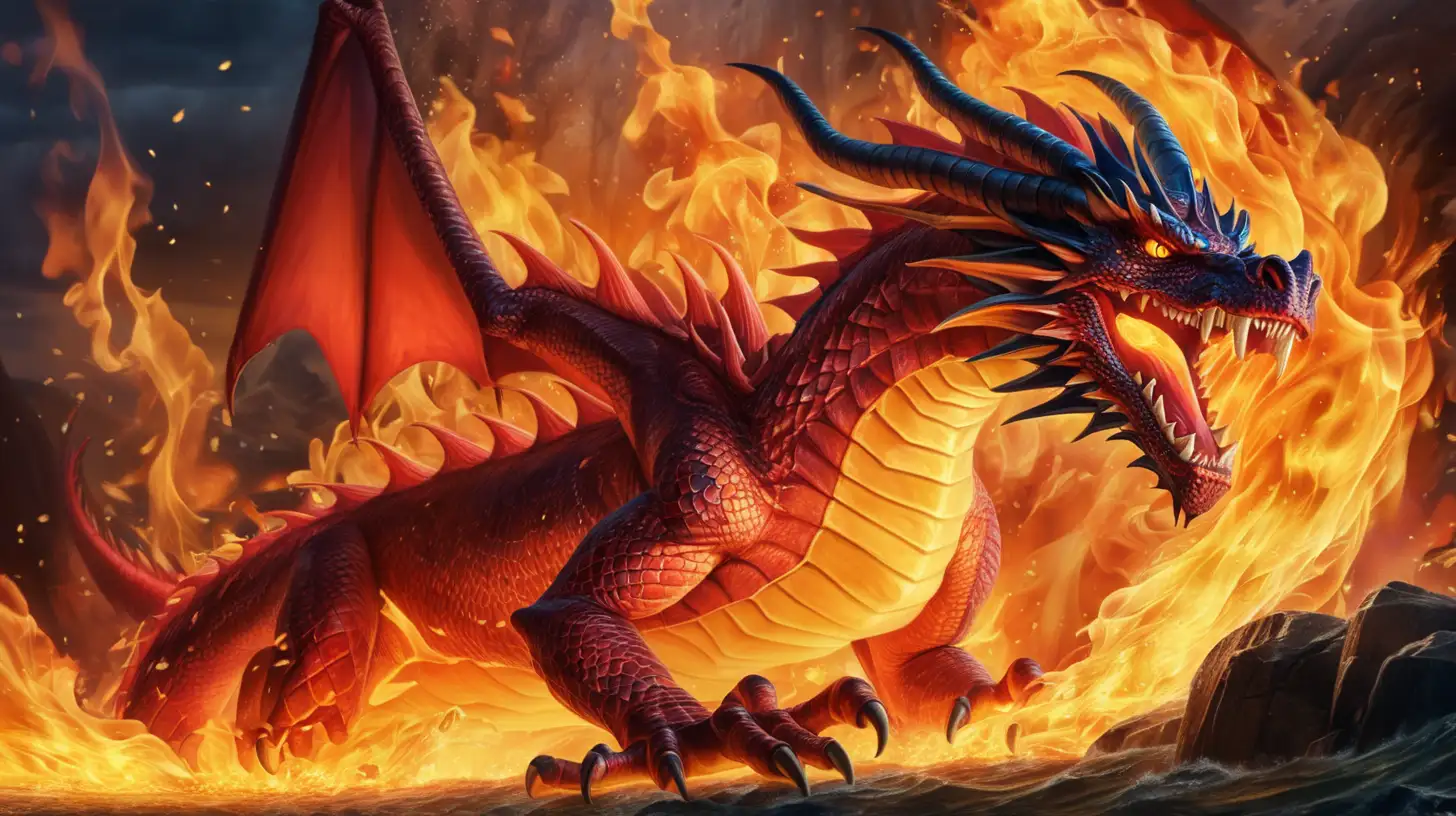 dragon du feu couleur flame qui crache du feu derrière dans une mer de flame 