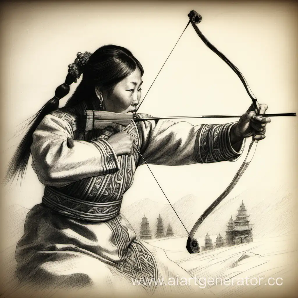 Buryat-Woman-Aiming-Bow-Traditional-Archery-Sketch