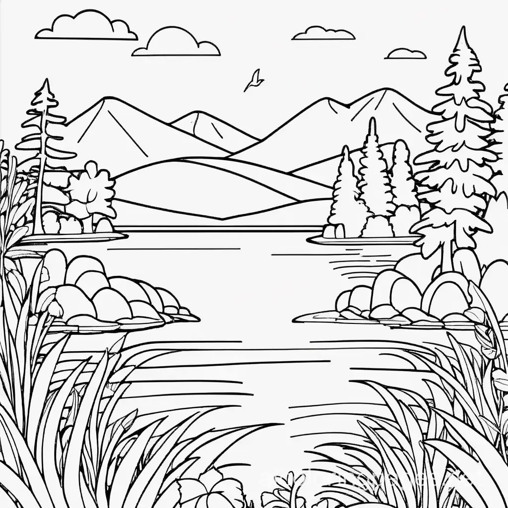lake, Coloring Page, black and white, line art, white background, Simplicity, Ample White Space. The background of the coloring page is plain white to make it easy for young children to color within the lines. The outlines of all the subjects are easy to distinguish, making it simple for kids to color without too much difficulty