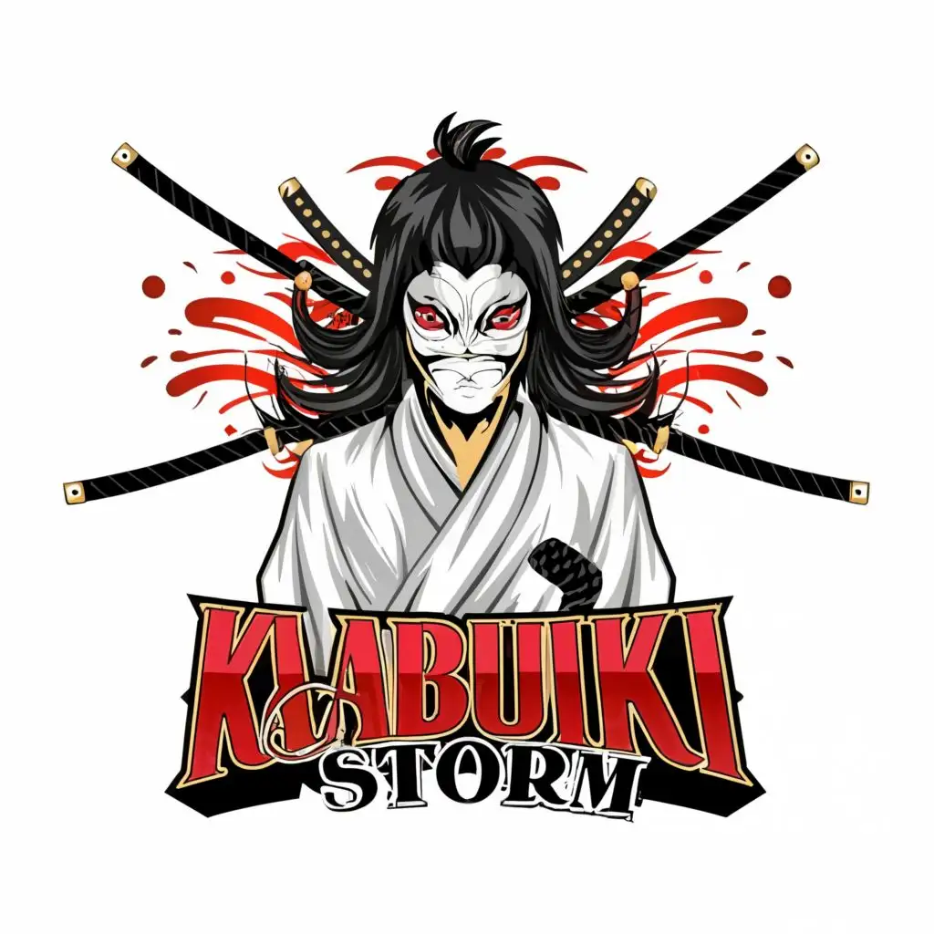 logo, Ninja, long black hairs, in white clothes with kabuki mask with red pattern, with a sword, with the text "KABUKI STORM", typography, be used in Entertainment industry